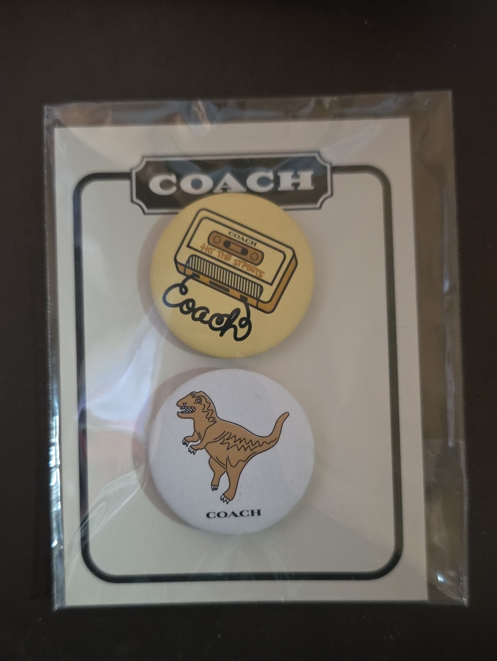 Coach Pin/button Set - Yellow Cassette & Rexy Dinosaur Nwot
